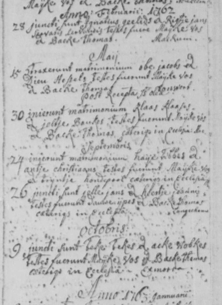 huwelijksakte ’Jelle Jans et Heertje Joannis’, opgetekend in de Rooms-Katholieke Parochie te Makkum, 1762