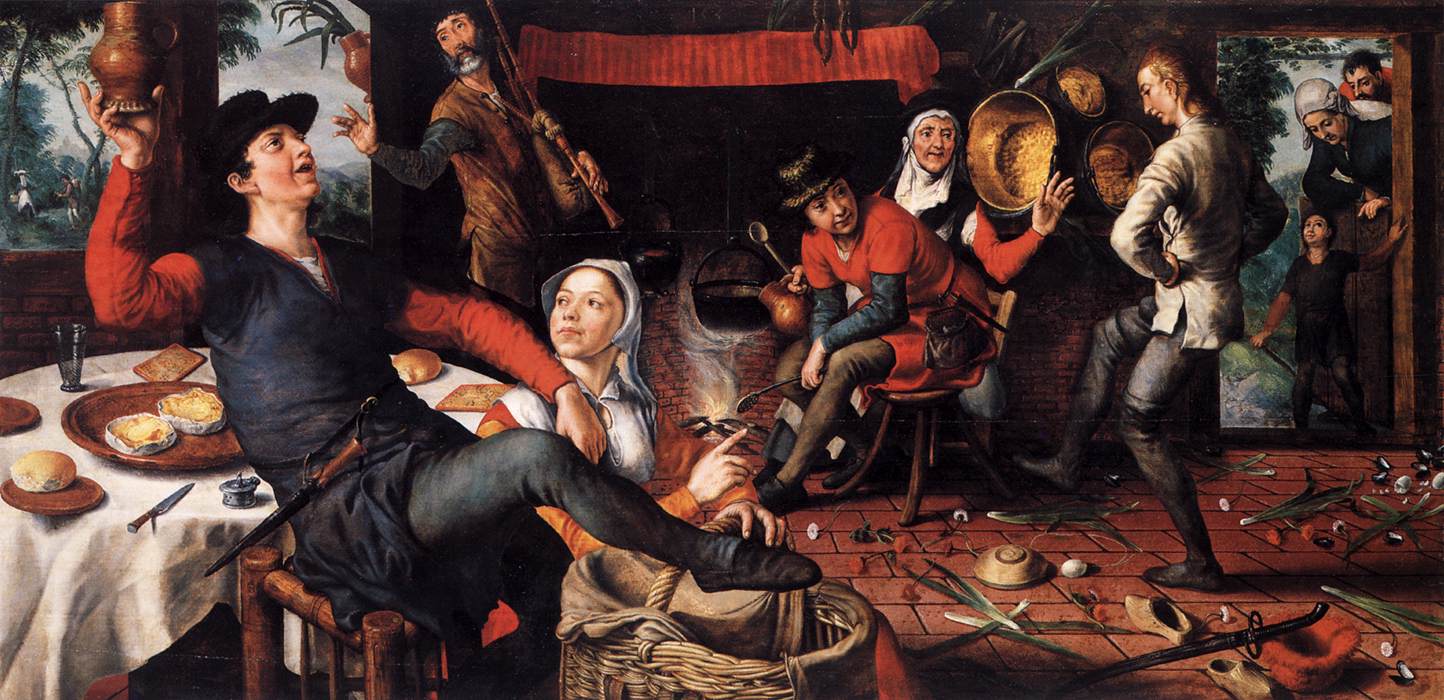 De eierdans; een gezellig, waarsch. wat dronken gezelschap houdt een eierdans waarij de danser een ei moest rondtrappen in een cirkel zonder het te breken, daarna moest de danser op een been het ei bedekken met een schaal (Pieter Aertsen, ca. 1550, Rijksmuseum, Amsterdam)
 