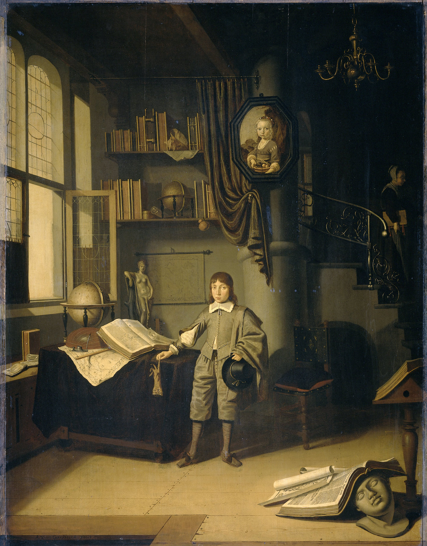 Jongeman in een studeerkamer (Adriaen van Gaesbeeck, 1640-1650, Rijksmuseum Amsterdam)<BR>
Adriaen was een kleinzoon van Engel en Marytge Cornelis, was leerling van Gerard Douw en kwam voort uit een welgestelde familie met vele betrekkingen in het Leidse civiele, zakelijke en universitaire leven

 