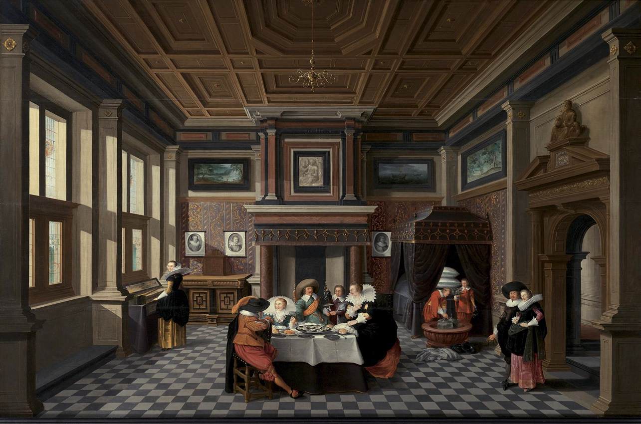 Een interieur met dinerende dames en heren (Dirck van Delen, 1629, particuliere verz.)