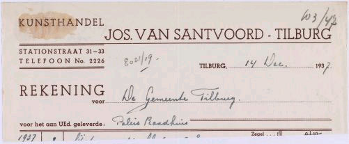 Briefhoofd van een factuur van kunsthandel Jos van Santvoord aan de Gemeente Tilburg (1937)