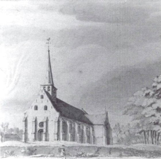 De RK van Blaarthem omstreeks 1740. De kerk is in 1823 afgebroken. De stenen van de toren werden gebruikt voor de bouw van een nieuwe kerk in Gestel welke in 1835 in gebruik werd genomen.