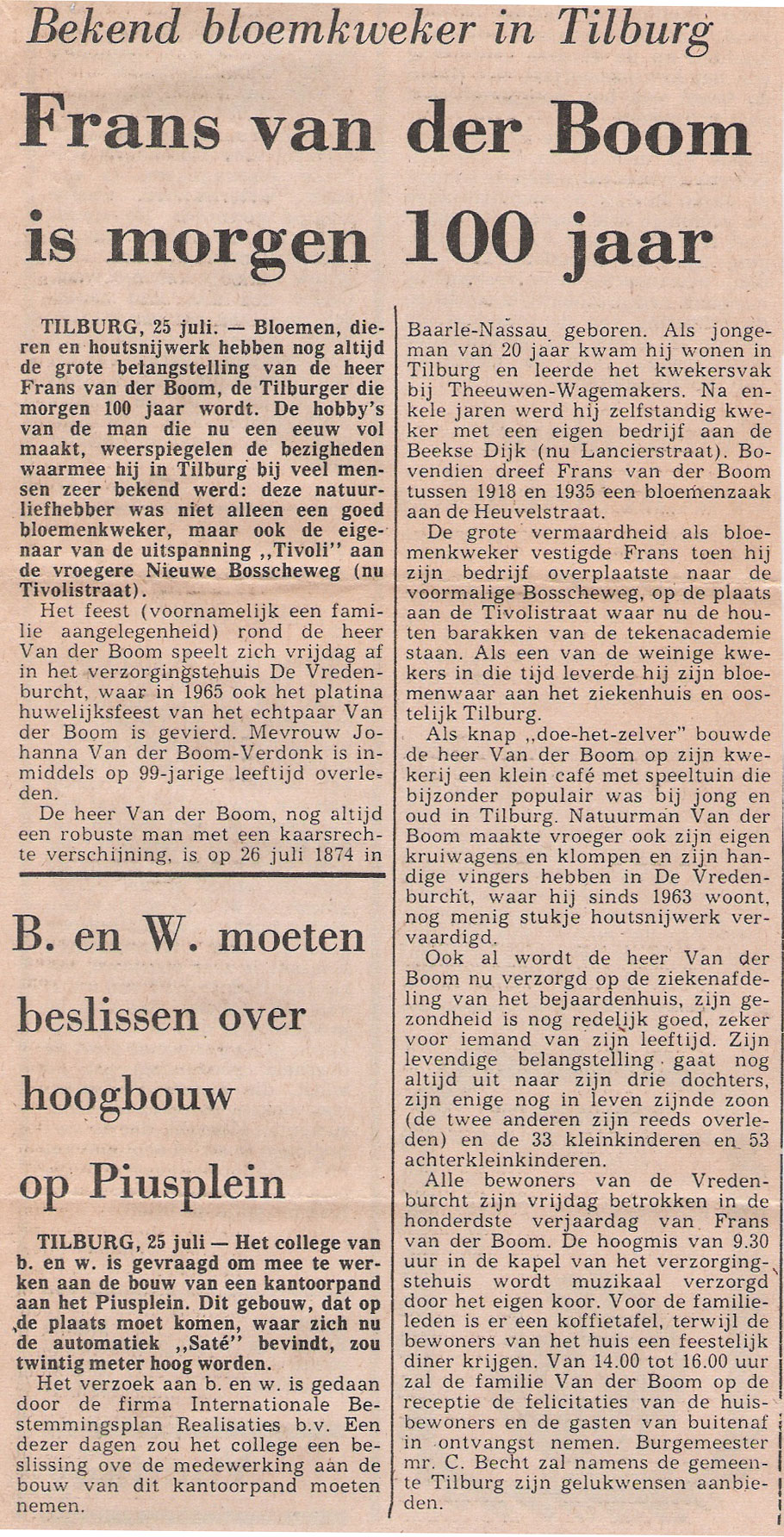 Krantenartikel in Het Nieuwsblad van het Zuiden (25 juli 1974) n.a.v. 100ste verjaardag Frans van der Boom.